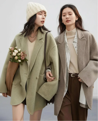 Women’s Woolen Coat – Loose Double Breasted Retro Jacket with Double-Sided Design for Elegant Office Style, Autumn Winter Fashion and Daily Wear