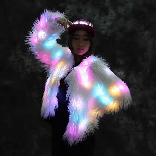 LED Faux Fur Coat – Women's Light Up Hooded Jacket for Festivals, Cosplay, Parties and Eye Catching Winter Fashion