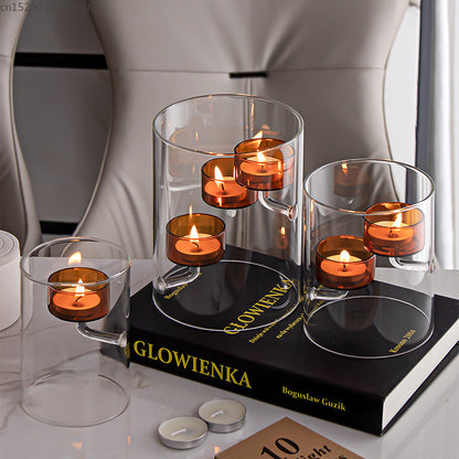 European Glass Candle Holder – Windproof Brown Cylindrical Candle Stand for Dining Tables, Weddings and Elegant Home Decor