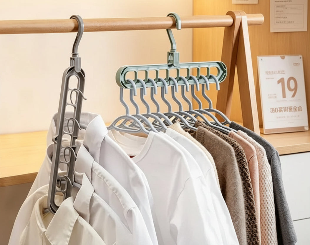 Foldable Rotating Magic Hangers – 9 Hole Closet Organizer Hooks for Space Saving Wardrobe and Clothing Storage Solutions