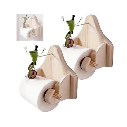Frog Bicycle Toilet Paper Holder - Creative Wooden Tissue Roll Rack for Bathrooms, Farmhouse Decor and Fun Home Accents