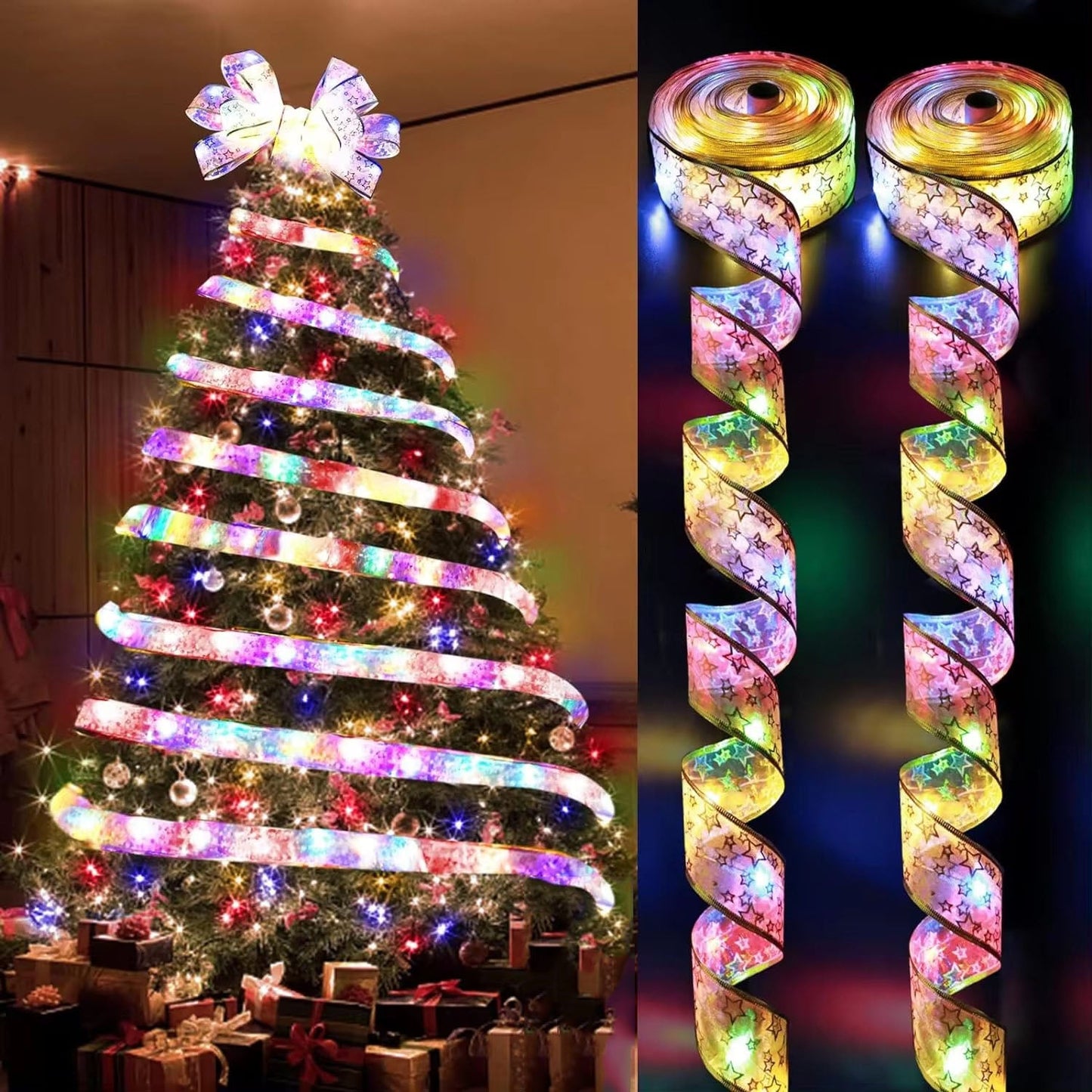 Christmas Ribbon Fairy Lights – LED Holiday String Lights for Trees, Mantels, Parties and Cozy Indoor Christmas Decorations