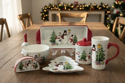 Christmas Ceramic Dinnerware Set – Snowman Holiday Plates, Bowls, Teapot and Cutlery for Festive Family Dining
