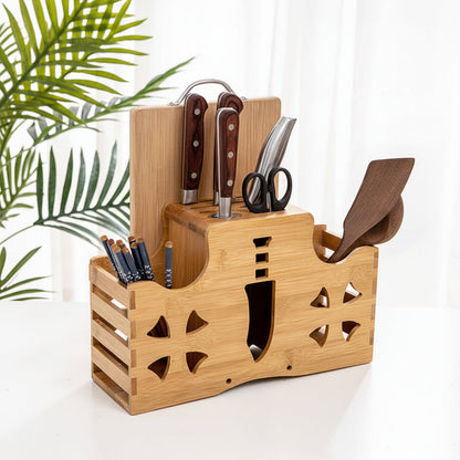Solid Wood Kitchen Knife Holder Rack – Multifunctional Countertop Storage Organizer for Knives, Chopsticks, Utensils and Modern Kitchen Organization