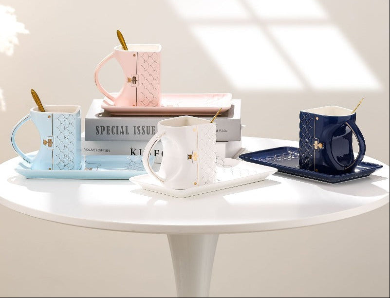 Handbag Style Ceramic Coffee Cup Set – Elegant Gold Accent Mug and Saucer for Milk Tea, Breakfast, Office Use and Creative Gifts