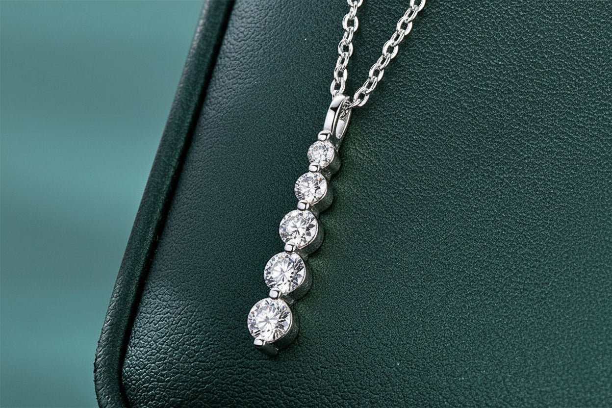 Five-Stone Moissanite Drop Necklace – Brilliant 14K Gold-Filled Long Pendant for Women, Wedding Jewelry, Romantic Gifts and Sophisticated Evening Styling