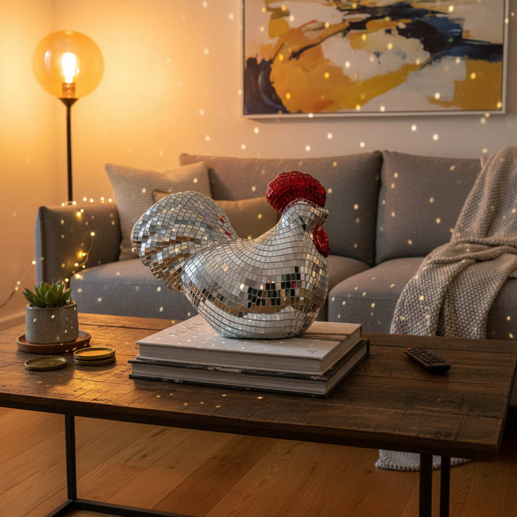 Chicken Disco Ball Sculpture – Mirror Mosaic Home Decor Ornament for Parties, Farmhouse Displays and Unique Gift Ideas