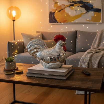 Chicken Disco Ball Sculpture – Mirror Mosaic Home Decor Ornament for Parties, Farmhouse Displays and Unique Gift Ideas