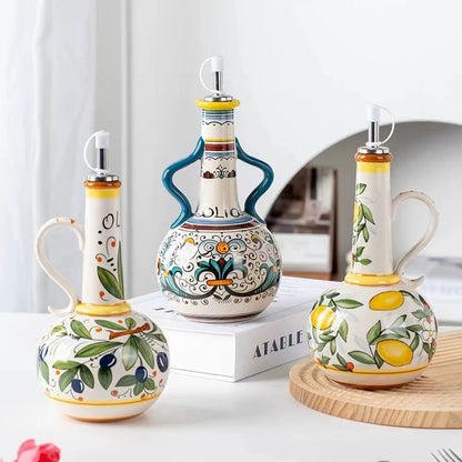 Ceramic Olive Oil Dispenser – BPA-Free Embossed Kitchen Bottle for Olive Oil, Vinegar and Cooking Storage with Elegant Underglaze Design