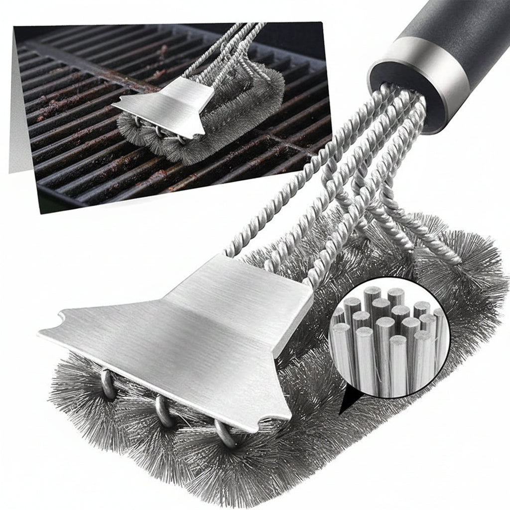 Stainless Steel Grill Brush – 18-Inch Heavy Duty BBQ Cleaning Tool with Scraper and Deluxe Handle for Safe Outdoor Grill Maintenance