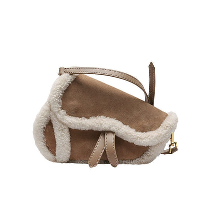 Patchwork Lamb Wool Crossbody Bag – Women's Y2K Shoulder Handbag with Wide Strap for Casual Fashion and Daily Wear