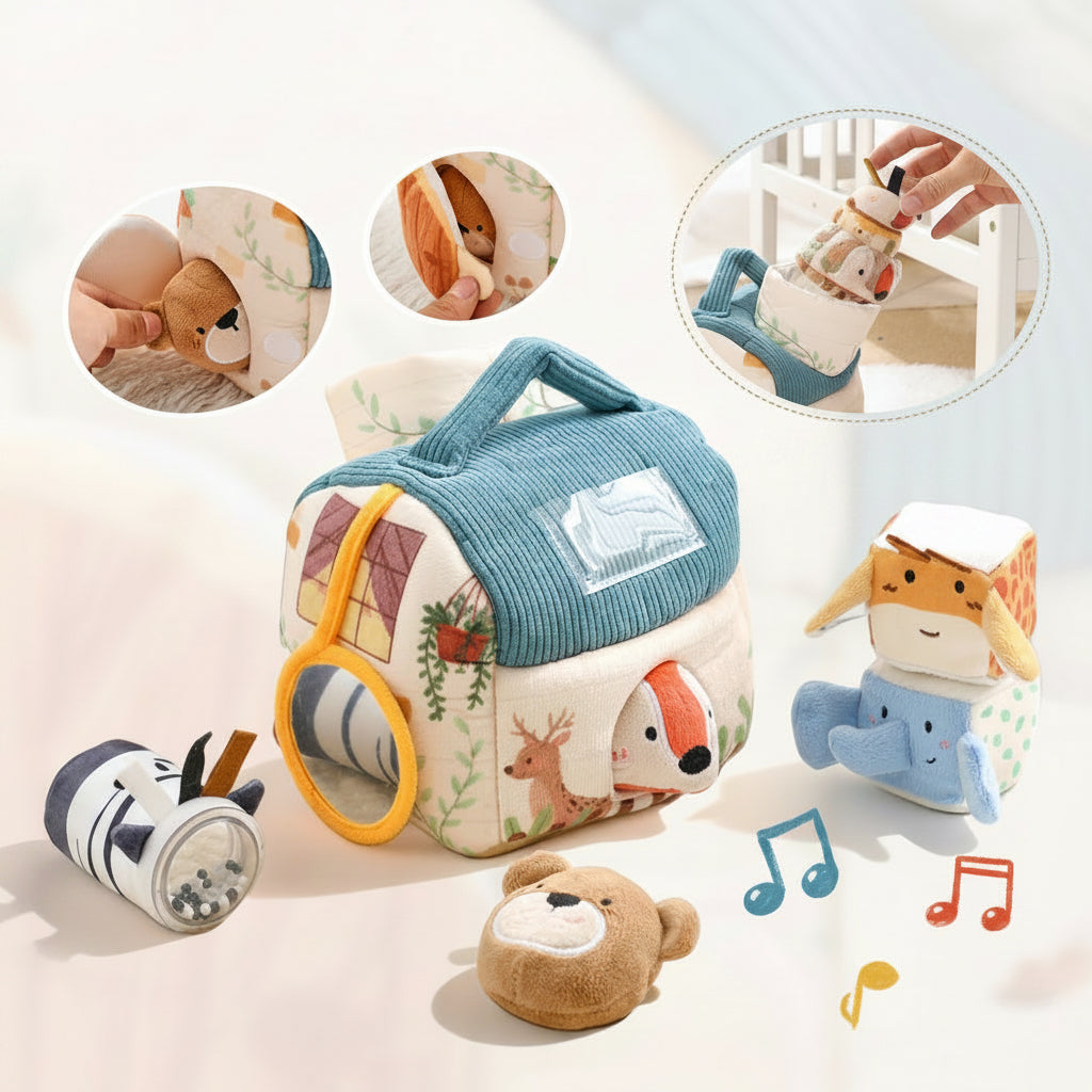 Montessori Plush Farm Barn Toy-Musical Sensory Learning Set with Farm Animals for Infant Development and Cognitive Growth