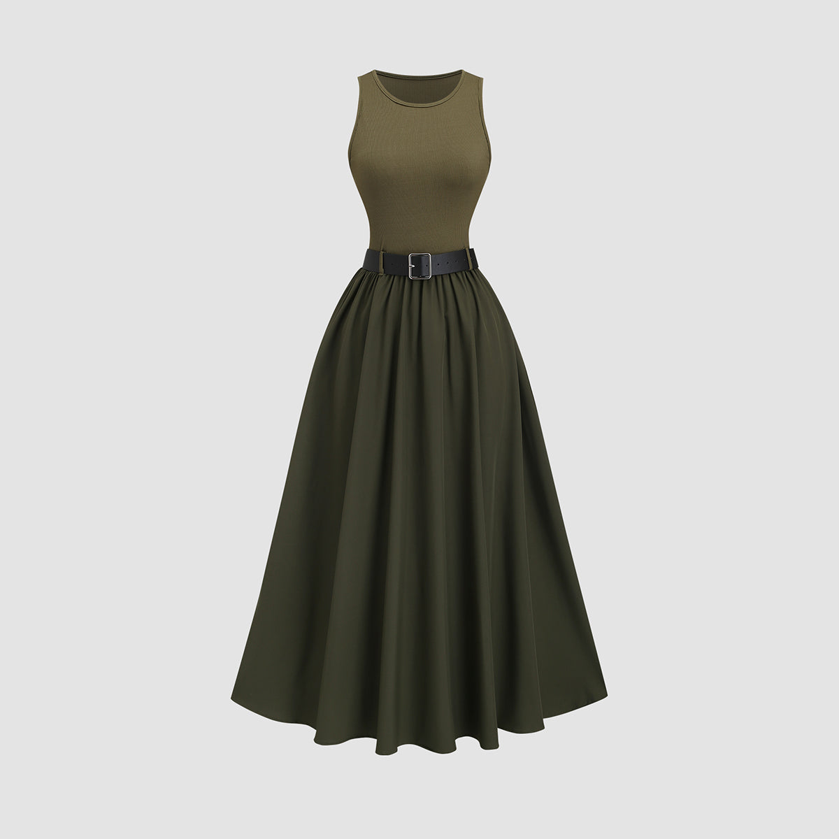 Women’s Summer Sleeveless Dress – Elegant Solid Color Casual Vacation Dress with Waist Belt for Romantic Outings, Parties and Everyday Wear