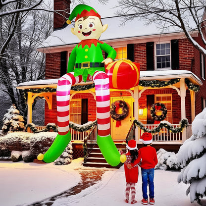Inflatable Sitting Elf Decoration – 2.5M LED Outdoor Christmas Yard Display with Gift Box for Holiday Celebrations