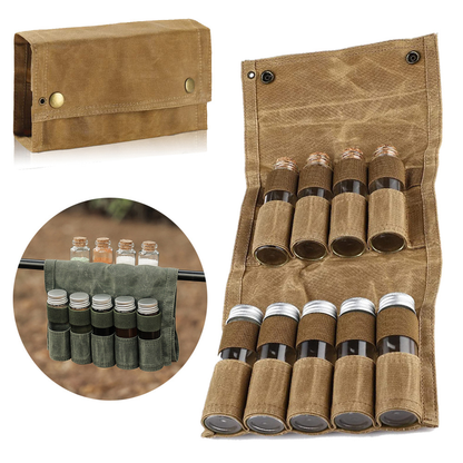 Camping Seasoning Bag Set – 9-Piece Canvas Jar Organizer for Spices, Barbecue Essentials and Picnic Condiments with Portable Outdoor Storage