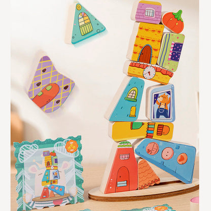 Wooden House Stacking Puzzle - Montessori Balance Game for Fine Motor Skills and Educational Learning