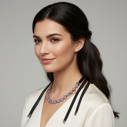 Silver Purple Bee Necklace – Sparkling Plant Specimen Pendant with Black Rope Wrap for Nature-Inspired Jewelry, Gifts and Elegant Everyday Styling
