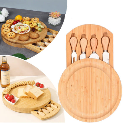 Bamboo Cheese Board and Knife Set – Portable Charcuterie Serving Tray with Sliding Drawer for Entertaining, Camping and Party Gatherings