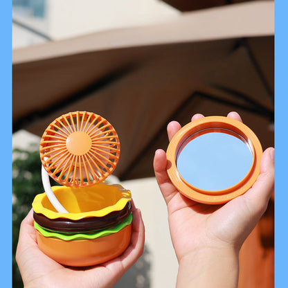 Portagble Burger USB Desktop Fan - Cartoon Cooling Fan with Beauty Mirror, Rechargeable Handheld Design and Summer Gift Appeal