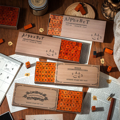 Vintage Wooden Stamp Set – 70 Piece Retro Alphabet, Number and Symbol Stamps for Journaling, Crafts and Scrapbooking