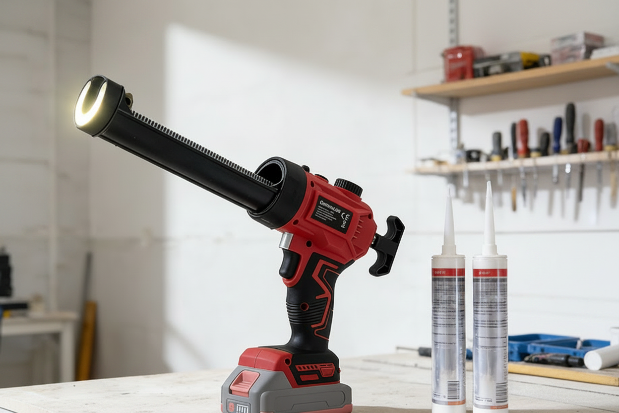 Electric Caulking Gun – 20V 3A Cordless Sealant Applicator with LED Light, Adjustable Push Rod and Aluminum Release Button for DIY Projects