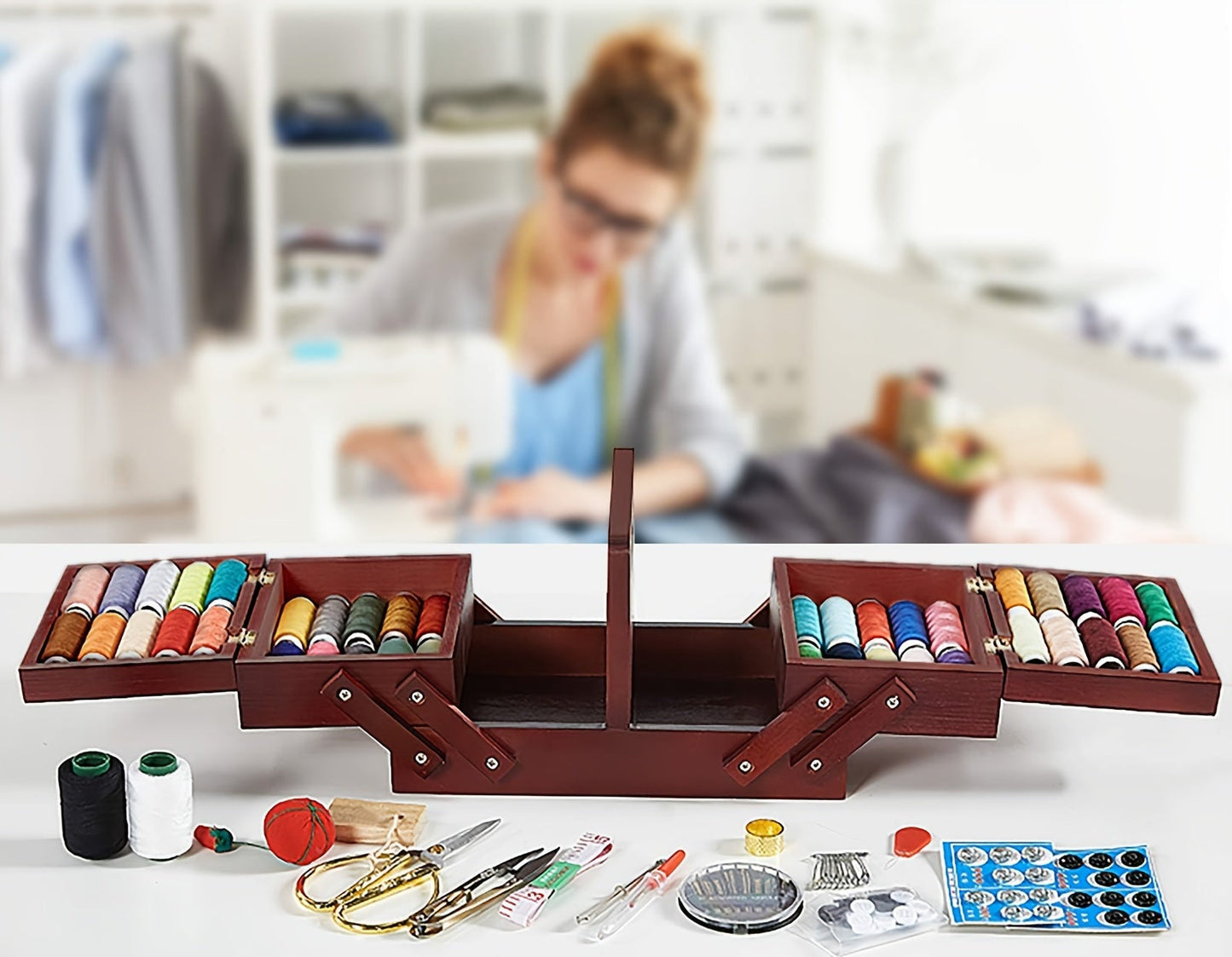 Wooden Sewing Box – Expandable Embroidery Storage Basket with Handle for Sewing Supplies, Threads, Needles and Portable Craft Organization