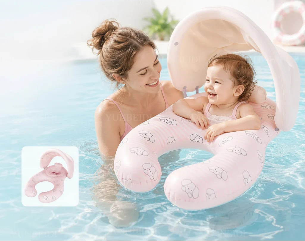 Mother and Baby Swimming Ring – Double Seat Inflatable Pool Float with Shade Canopy for Family Swimming, Baby Water Play and Summer Fun