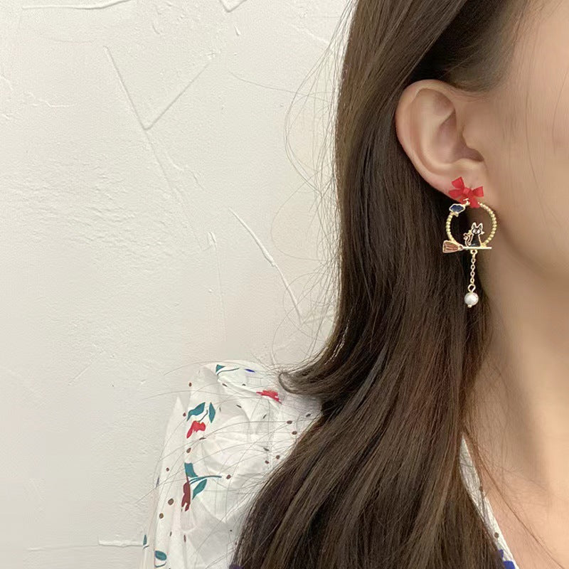 Bow Knot Cartoon Character Cat Earrings – Enamel Fashion Jewelry for Women with Cute Whimsical Style