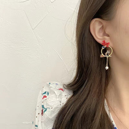 Bow Knot Cartoon Character Cat Earrings – Enamel Fashion Jewelry for Women with Cute Whimsical Style