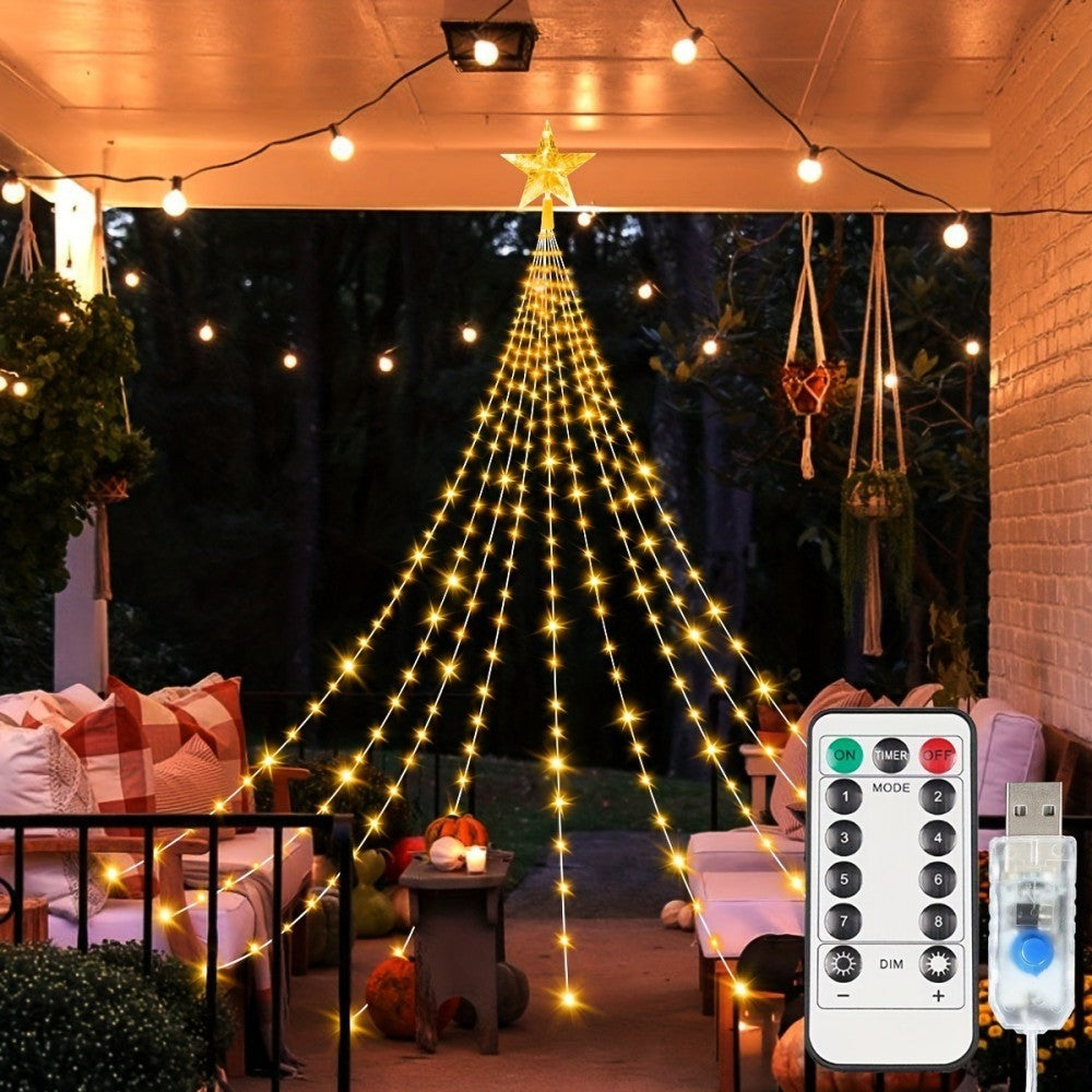 Christmas Waterfall Star Lights – USB Fairy String Lights with Eight Modes for Indoor Outdoor Holiday Decor
