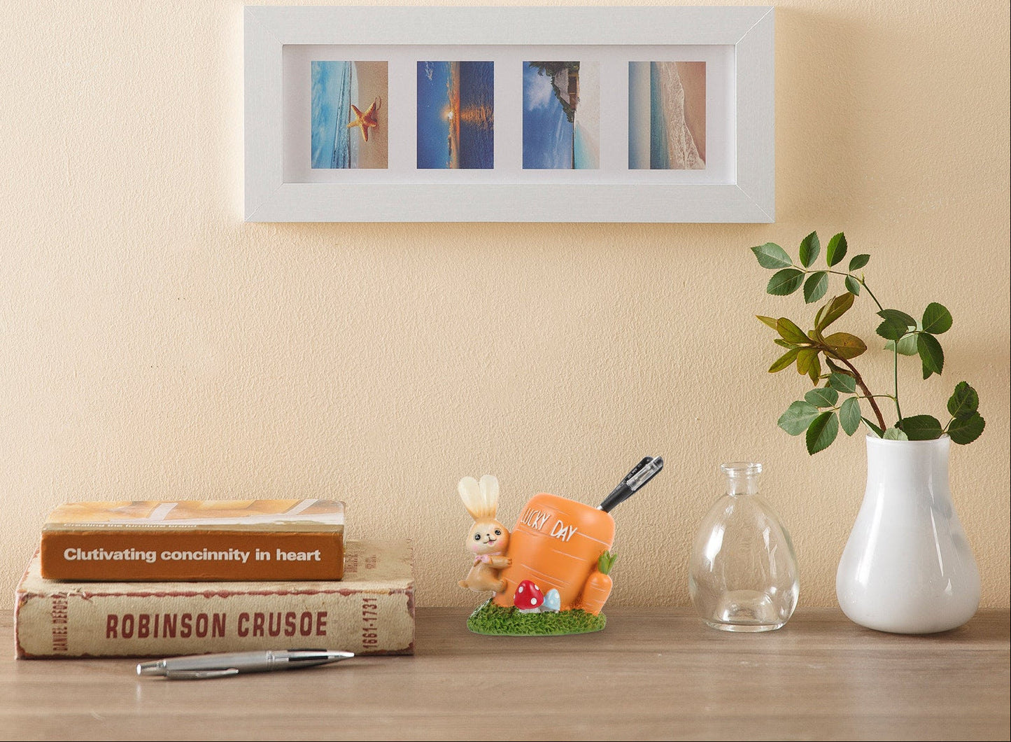 Cute Resin Rabbit Pen Holder – Cartoon Animal Pencil Organizer and Desktop Storage Container for Office, Home and Study Decor