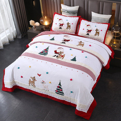 Christmas Quilted Bedding Set – Handmade Cotton Patchwork Bedspread with Pillowcases for Cozy Holiday Bedroom Decor