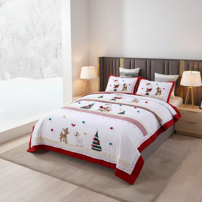 Christmas Quilted Bedding Set – Handmade Cotton Patchwork Bedspread with Pillowcases for Cozy Holiday Bedroom Decor