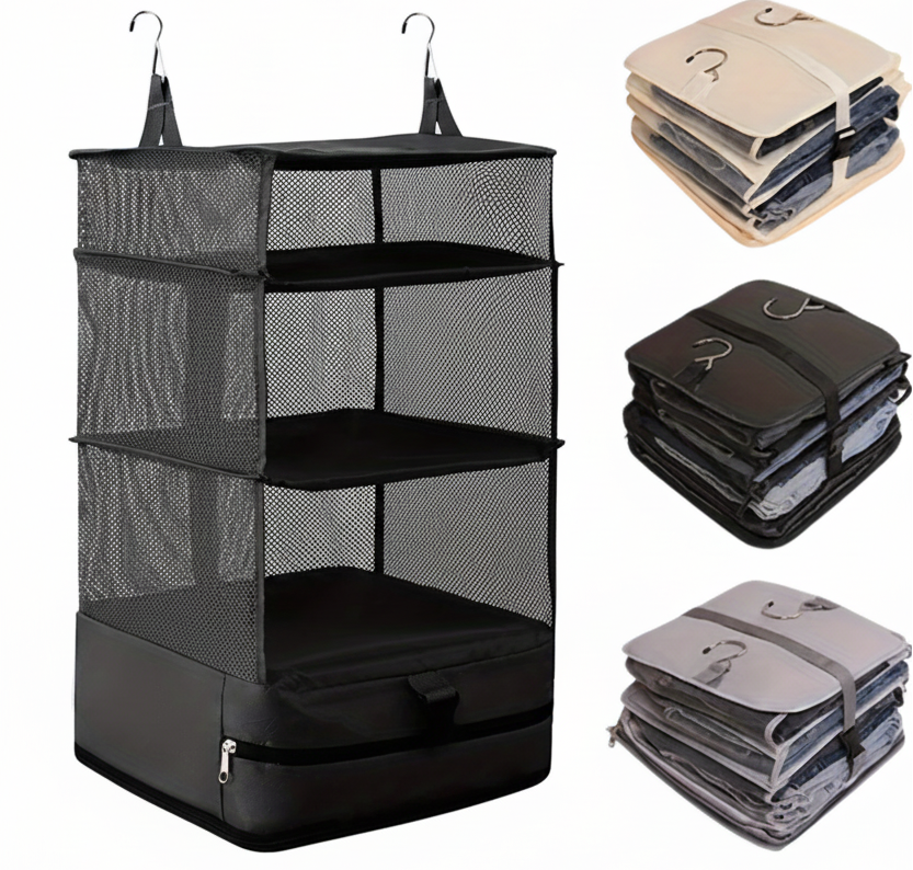 Foldable Hanging Closet Organizer – Portable 3 Shelf Storage Bag for Travel Luggage, Wardrobe and Space Saving Clothing Organization