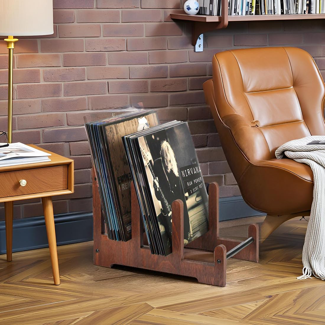 Portable Wooden Vinyl Record Holder – Large Capacity Display Stand for LP Albums, CDs, Magazines and Space-Saving Media Organization