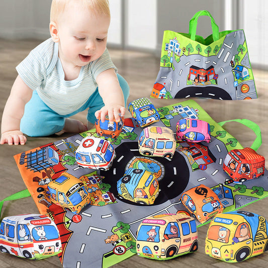 Soft Fabric Baby Car Toy Set - Tear Resistant Sensory Cloth Book with Play Mat and Storage Bag for Early Learning