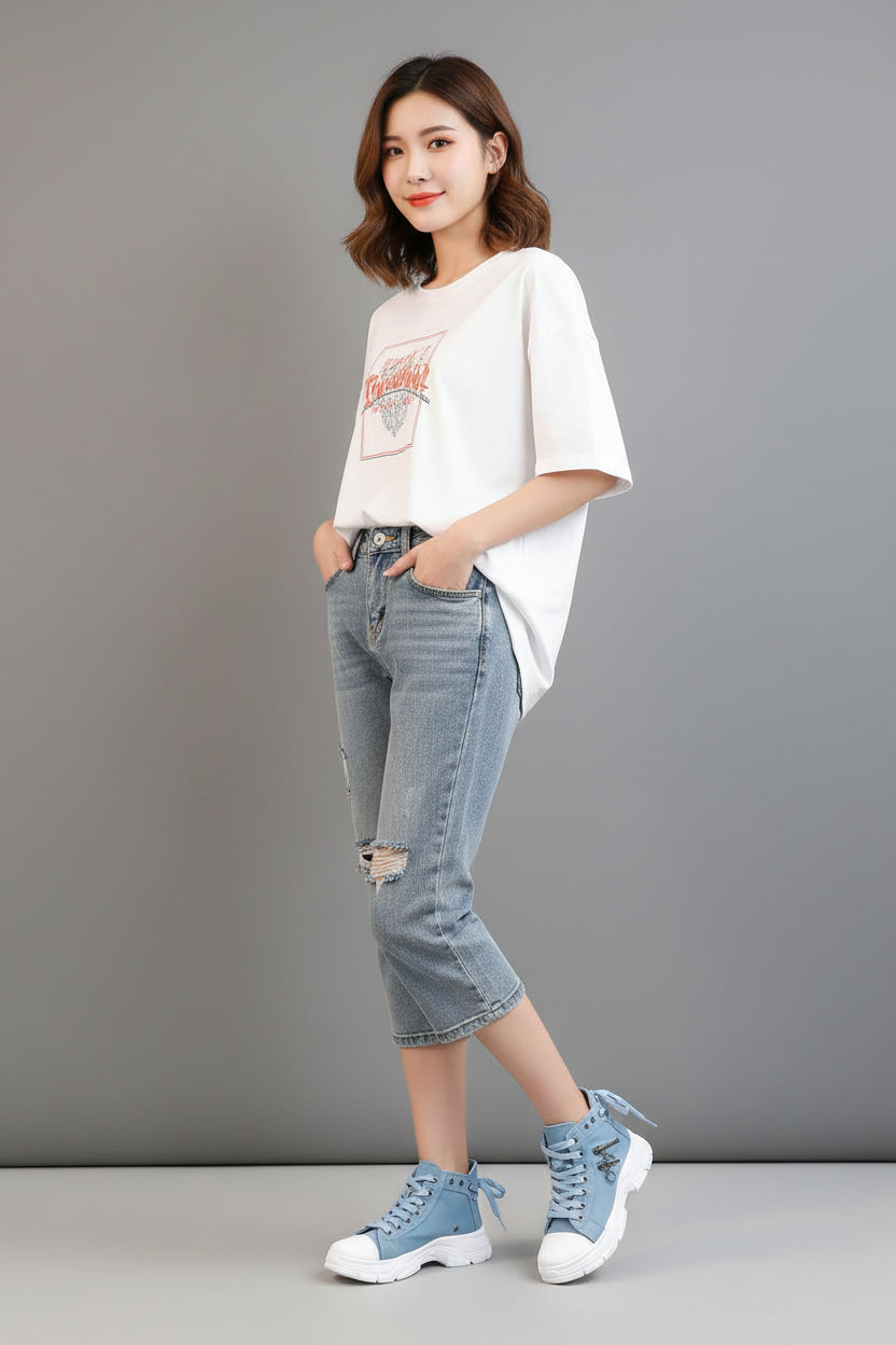 Women's High Top Denim Sneakers - Platform Casual Shoes with Breathable Design and Height Boosting Comfort