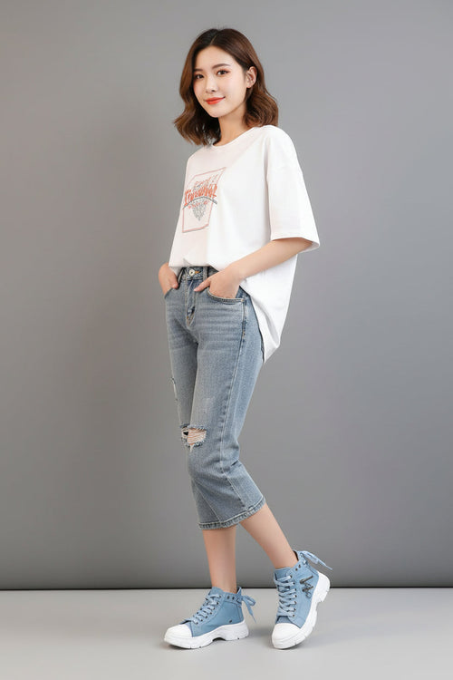 Women's High Top Denim Sneakers - Platform Casual Shoes with Breathable Design and Height Boosting Comfort
