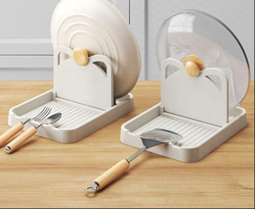 Multifunctional Pot Lid Holder – Kitchen Storage Rack with Spoon Rest for Lids, Spatulas and Soup Spoons, Keeping Counters Organized