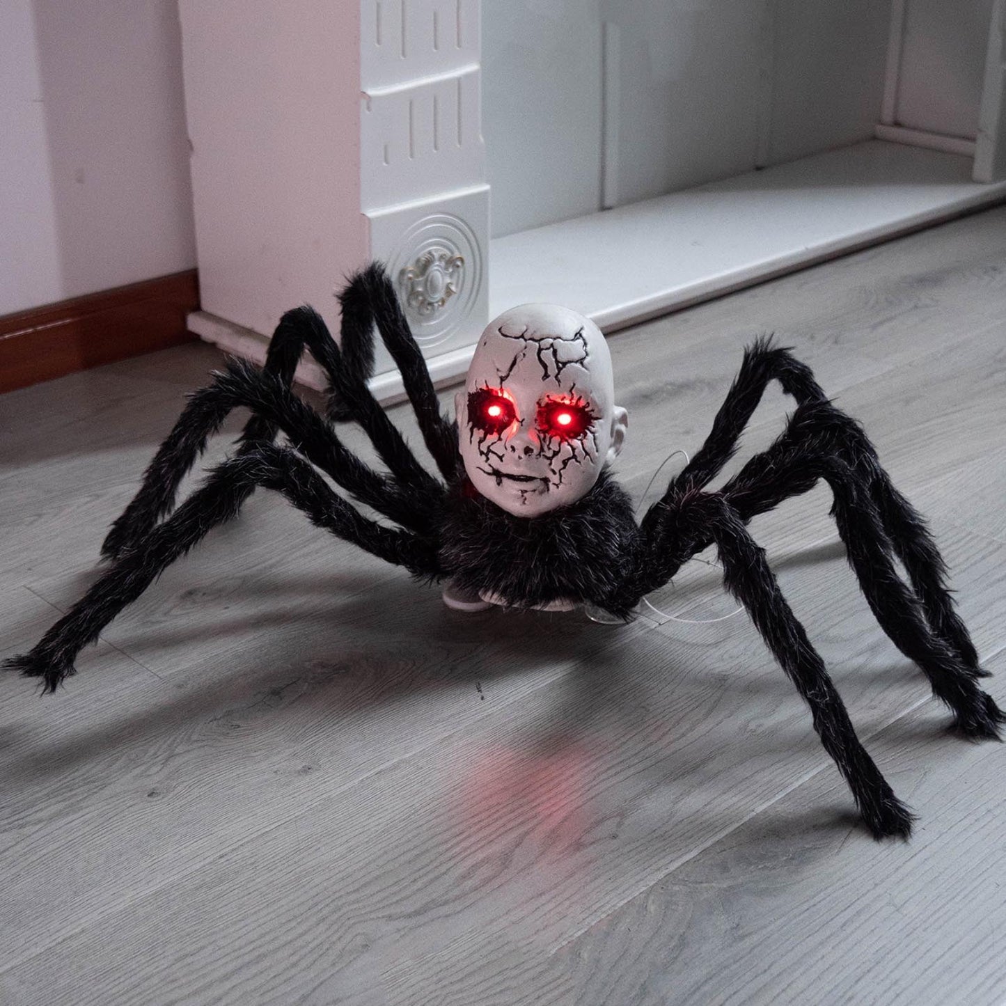 Animatronic Spider Doll Face Halloween Prop – Motion-Activated Glowing Eyes and Sound Control for Scary Haunted House Decorations and Parties