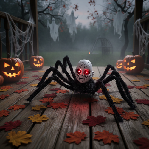 Animatronic Spider Doll Face Halloween Prop – Motion-Activated Glowing Eyes and Sound Control for Scary Haunted House Decorations and Parties