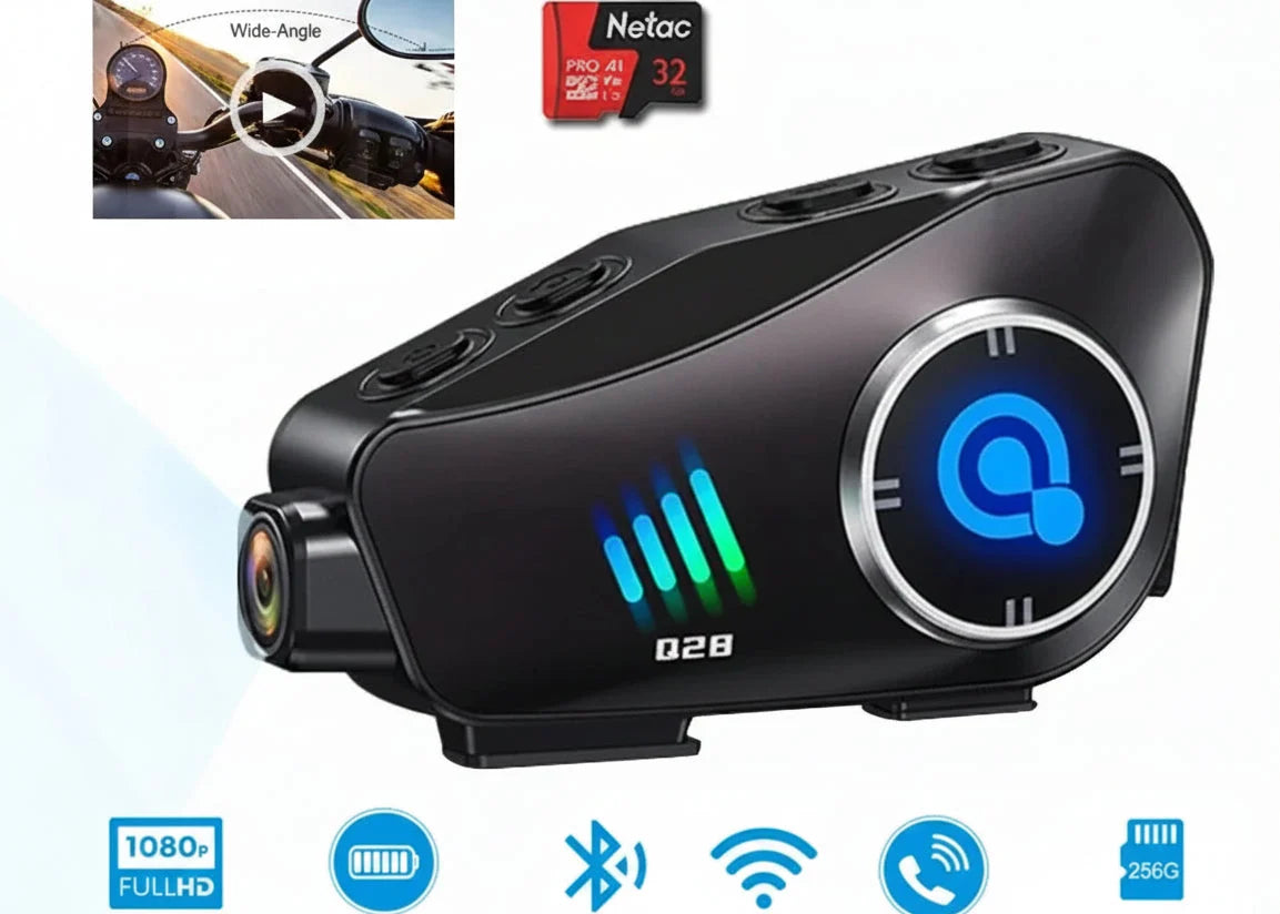 Motorcycle Helmet Dashcam Headset – 1080P WiFi Video Recorder with Waterproof Camera, Wireless Hands-Free Calling and Bluetooth Audio Support