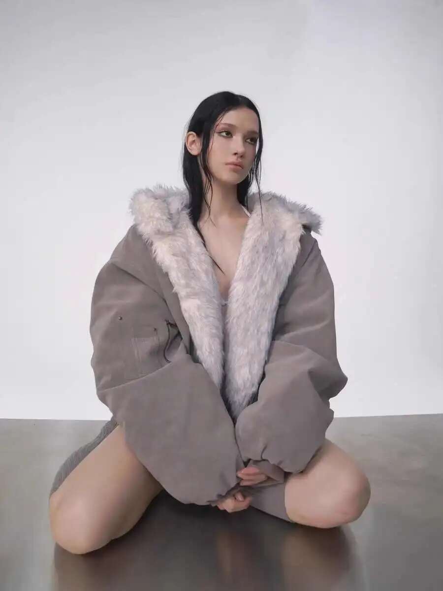 Oversized Fur Hooded Winter Coat-Womens Streetwear Padded Jacket for Warmth Gothic Fashion and Daily Wear