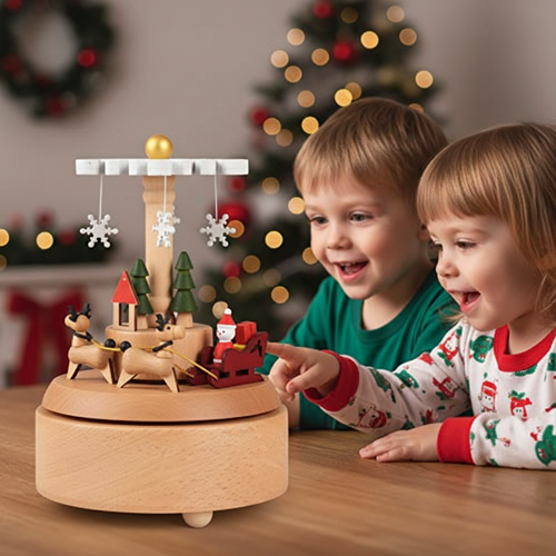Wooden Christmas Music Box – Snowflake Deer Rotating Holiday Keepsake for Festive Home Decor and Memorable Gifts