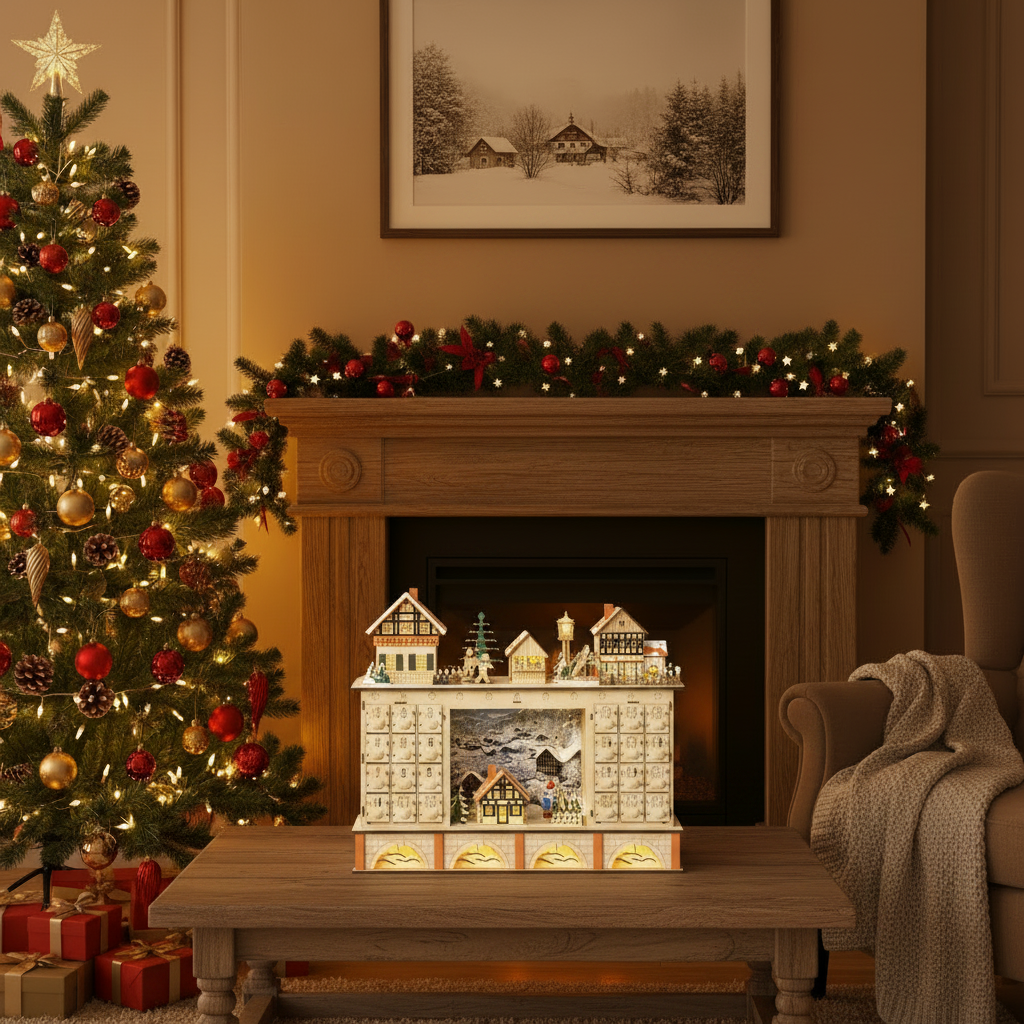 Wooden Advent Calendar with Drawers – Refillable 24 Compartment Christmas Countdown Organizer for Holiday Gifts and Home Display