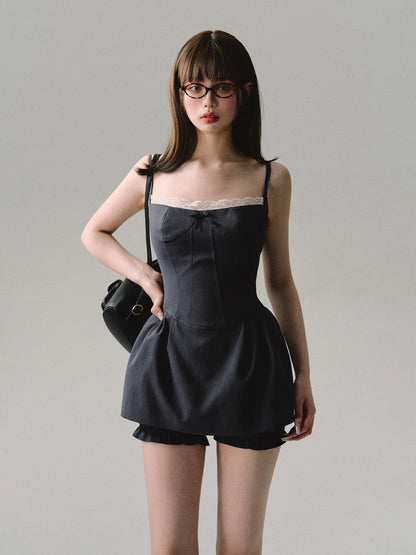 Contrast Lace Camisole Dress Set – Elegant Two Piece A-Line Dress with Floral Shorts for Chic Party, Date Night and Special Occasion Style