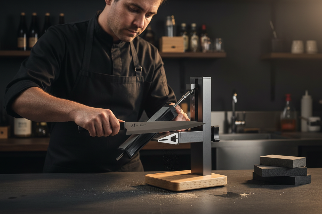 Professional Knife Sharpener System – CNC Aluminum Alloy Fixed-Angle Sharpener with Adjustable 10–30° Angle and Solid Wood Base