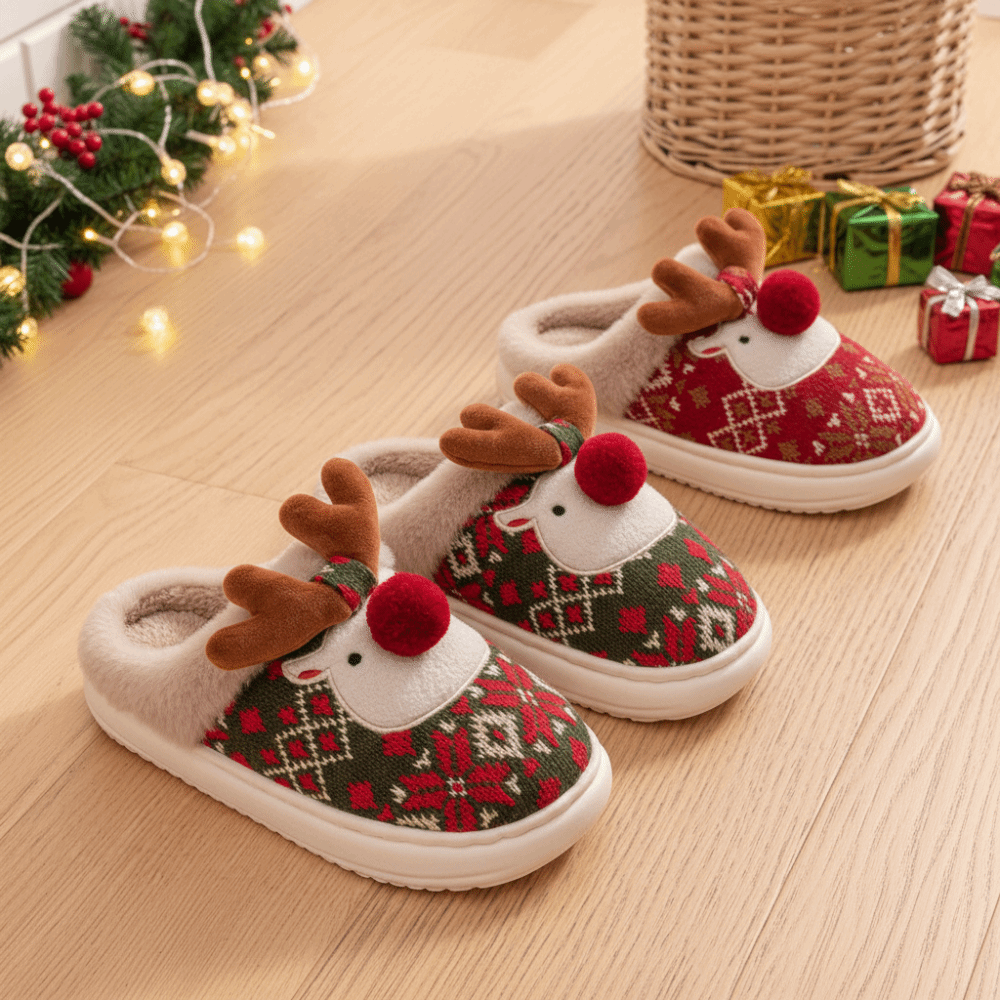 Cute Christmas Deer Slippers – Women's Plush Cotton House Shoes with Non Slip Sole for Warm Indoor Winter Comfort