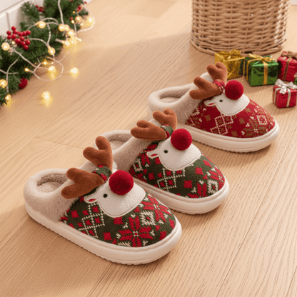 Cute Christmas Deer Slippers – Women's Plush Cotton House Shoes with Non Slip Sole for Warm Indoor Winter Comfort