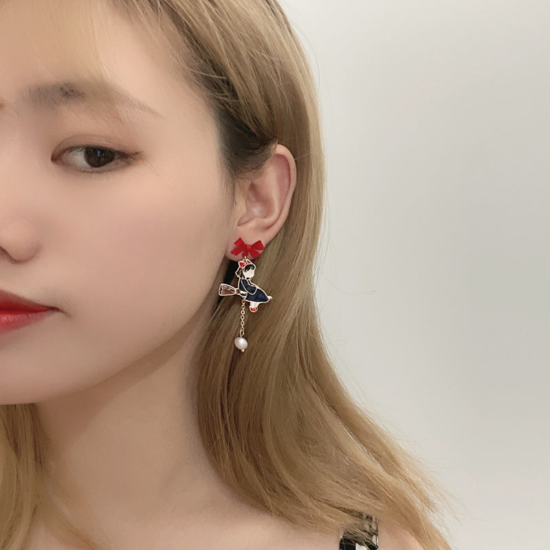 Bow Knot Cartoon Character Cat Earrings – Enamel Fashion Jewelry for Women with Cute Whimsical Style